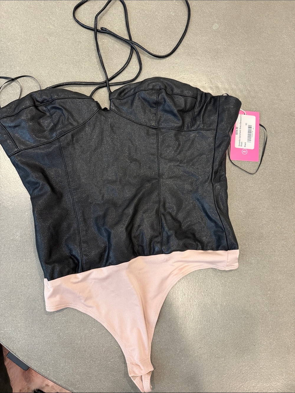 Amanda Uprichard Black and Light Pink Faux Leather Bustier Bodysuit